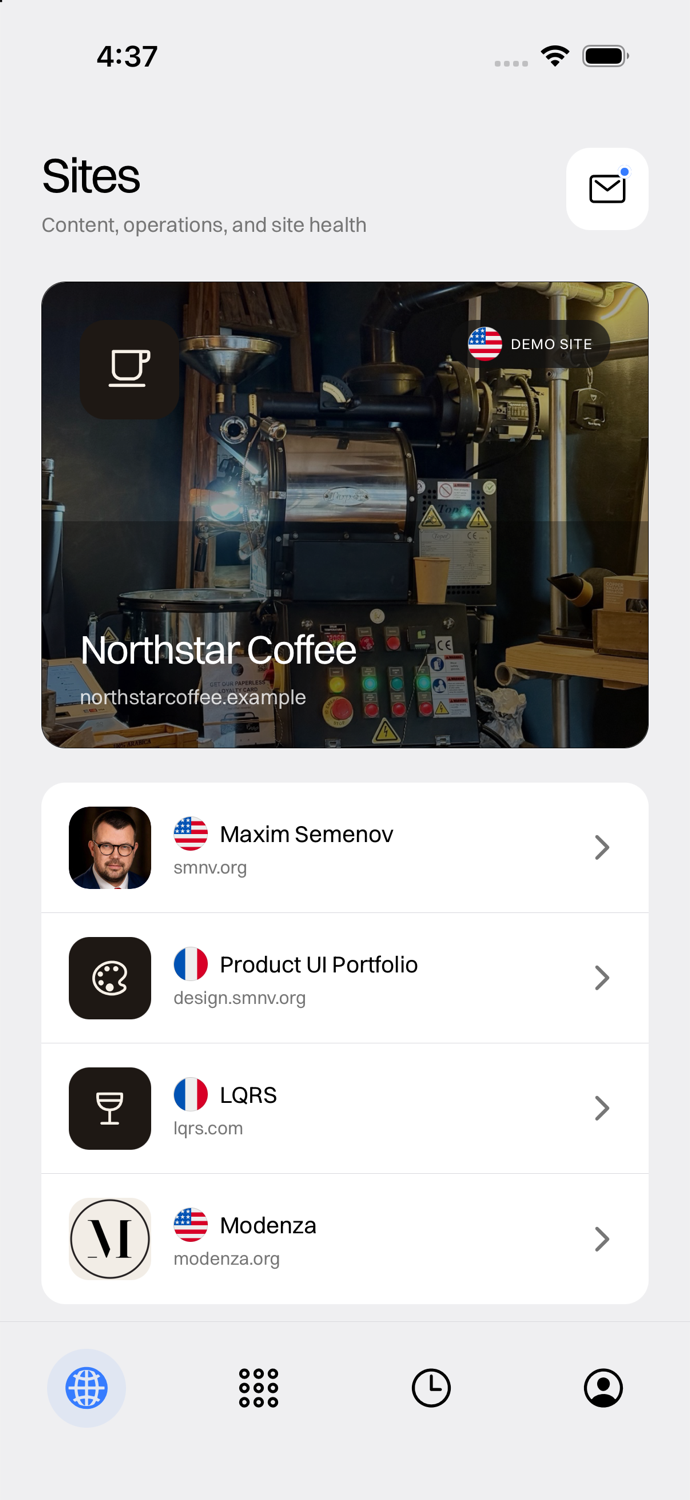 The real PocketWire Sites screen showing Northstar Coffee and connected websites